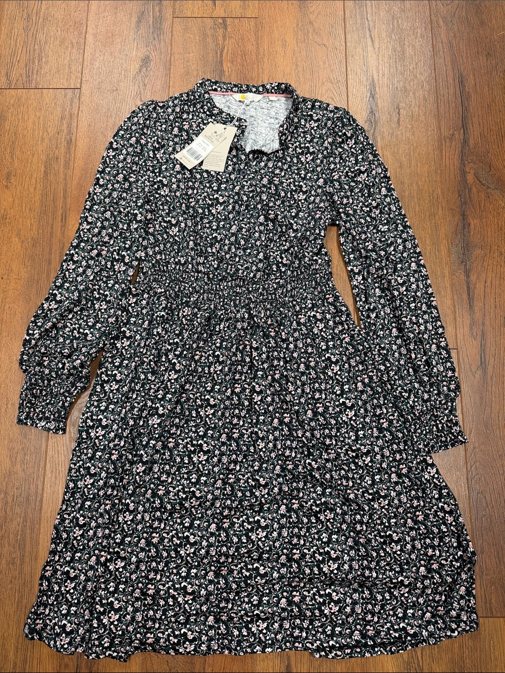 Boden Black Long-Sleeve Floral Smocked-Waist Dress with Pink Accents